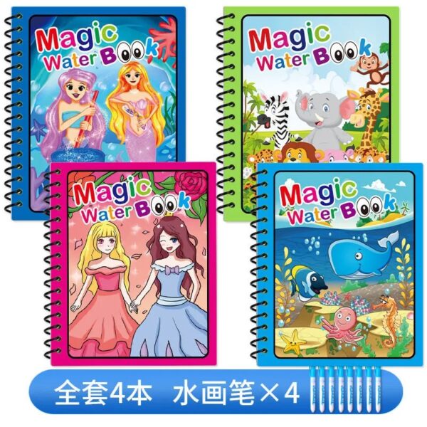 Set of 4/6 pens plus 4 water coloring books for kids - Magic water drawing book, painting board with magic water, coloring books for little artists!